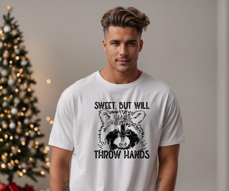 Sweet but will throw hands racoon custom colors  Tee shirt Casual Menswear Hoodie Sweatshirt | PrintMintTees.com