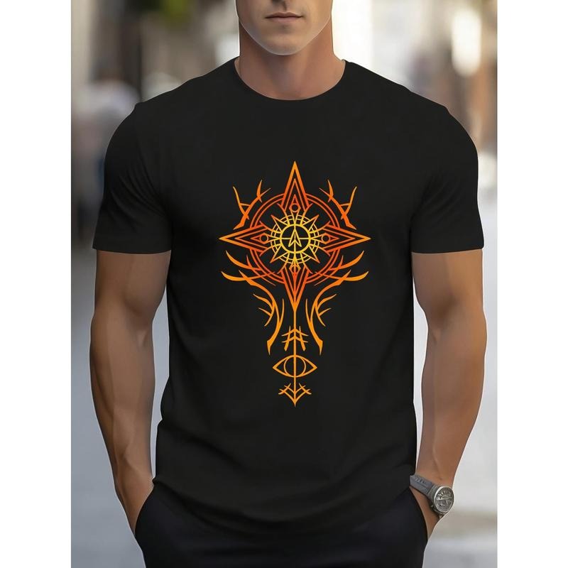 Symbol Print, Men's Crew Neck Short Sleeve T-shirt, Stylish & Trendy & Cozy For Casual Summer Wear Made in USA Hoodie...