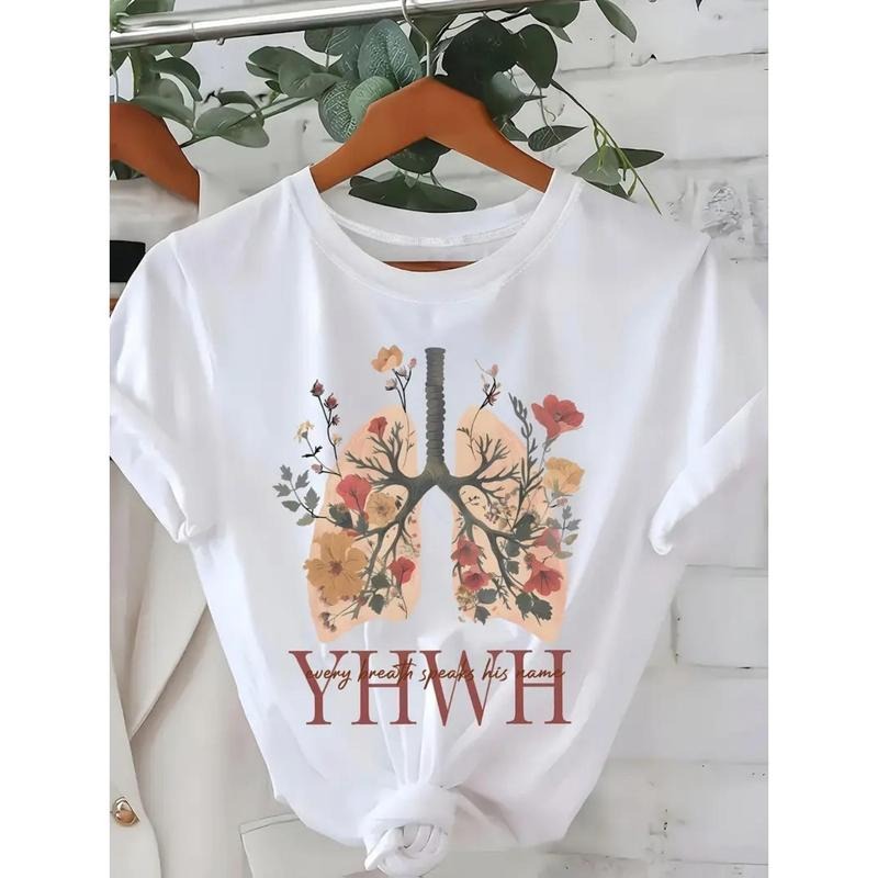 T - Shirt with Spiritual Symbolism: Lungs Graphic Adorned with Flowers and the Text 'YHWH' for a Devotional Look style 02...