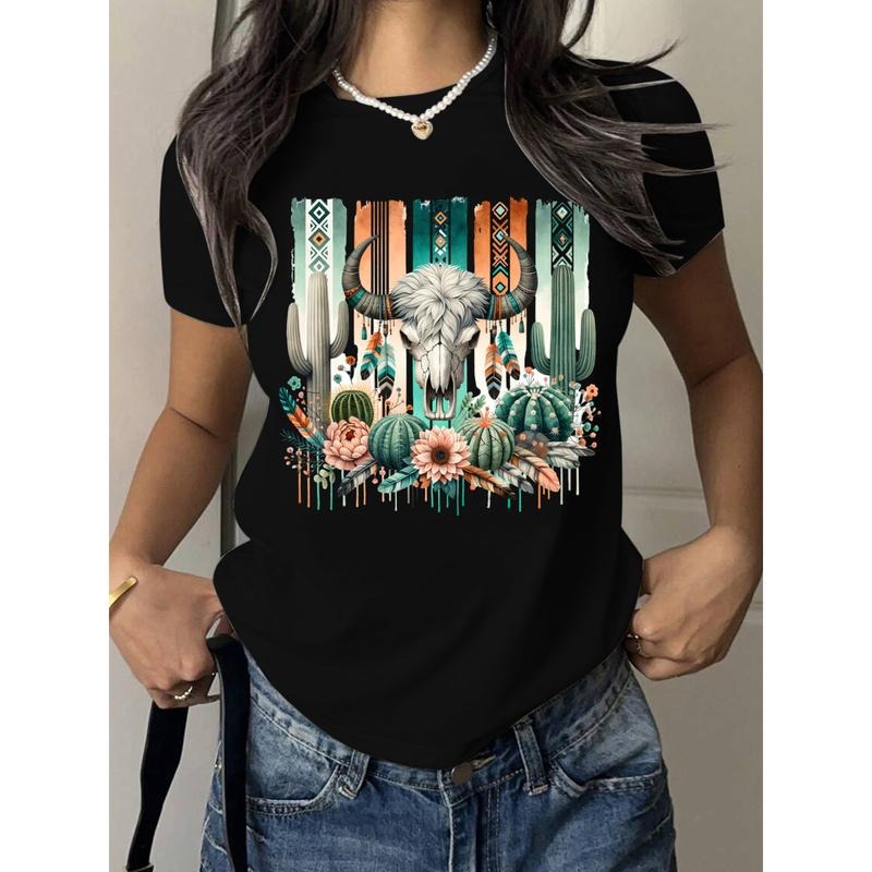 T - Shirt with Western Motifs: Buffalo Skull, Cacti and Floral Design style 02 Hoodie Sweatshirt | PrintMintTees.com