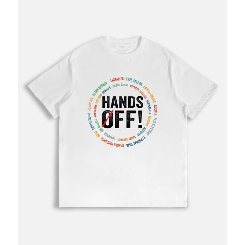 T-Shirt with "HANDS OFF!" Slogan and Circular List of Protected Entities Print style 02 Hoodie Sweatshirt | PrintMintTees.com