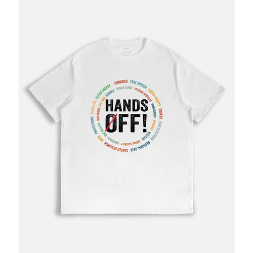 T-Shirt with "HANDS OFF!" Slogan and Circular List of Protected Entities Print style 02 Hoodie Sweatshirt | PrintMintTees.com