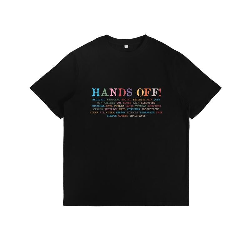 T-Shirt with Colorful "HANDS OFF!" Slogan and List of Protected Items and Services Print style 02 Hoodie Sweatshirt