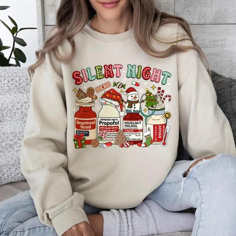 Silent Night Christmas Sweatshirt/T-Shirt, Christmas Nurse Shirt, Medical Christmas T-Shirt, ICU Nurse Christmas Tee,...