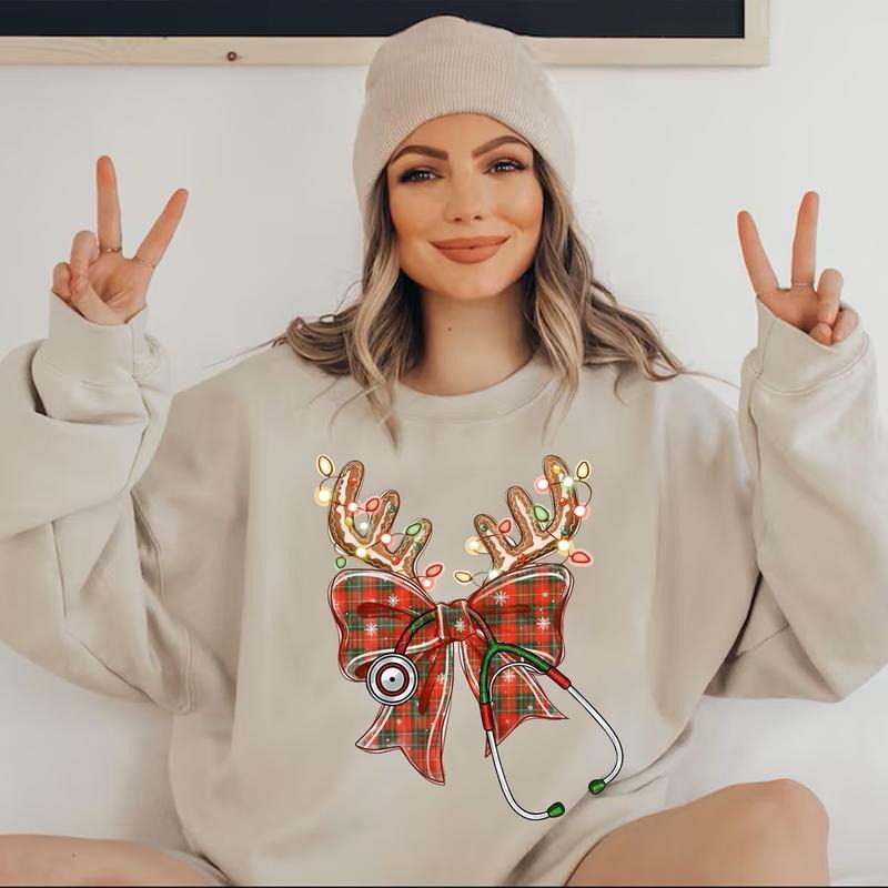 Christmas Nurse Sweatshirt/T-Shirt, Coquette Bow Stethoscope Christmas Shirt, Oh Christmas Bow Festive Tee, Merry and...
