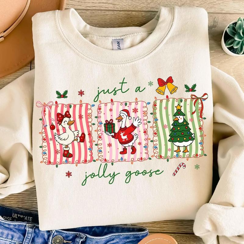 Retro Christmas Goose Sweatshirt/T-Shirt, Funny Silly Goose Christmas Top, Cute Santa Goose and Snowman Design, Preppy...