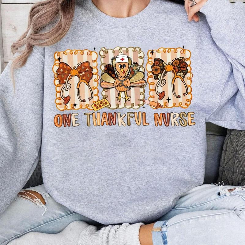 One Thankful Nurse Sweatshirt/T-Shirt, Preppy Coquette Thanksgiving Nurse Shirt, Cute Stethoscope Fall Top, Thankful...