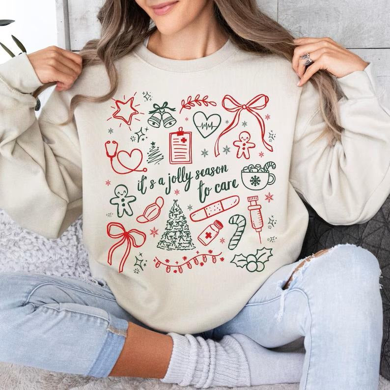 Christmas Nurse Sweatshirt/T-Shirt, Registered Nurse Holiday Shirt with Cute Festive Bows, RN Christmas Crewneck, Nurse...