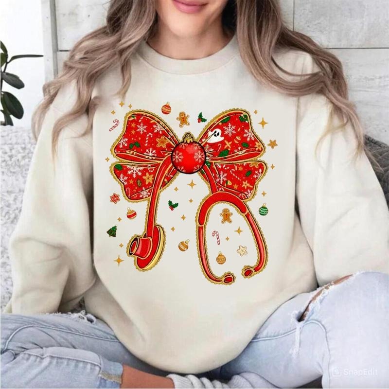Coquette Bow Stethoscope Nurse Christmas Sweatshirt/T-Shirt, Retro Holiday Nurse Graphic Top, Cute Preppy Xmas Nurse...