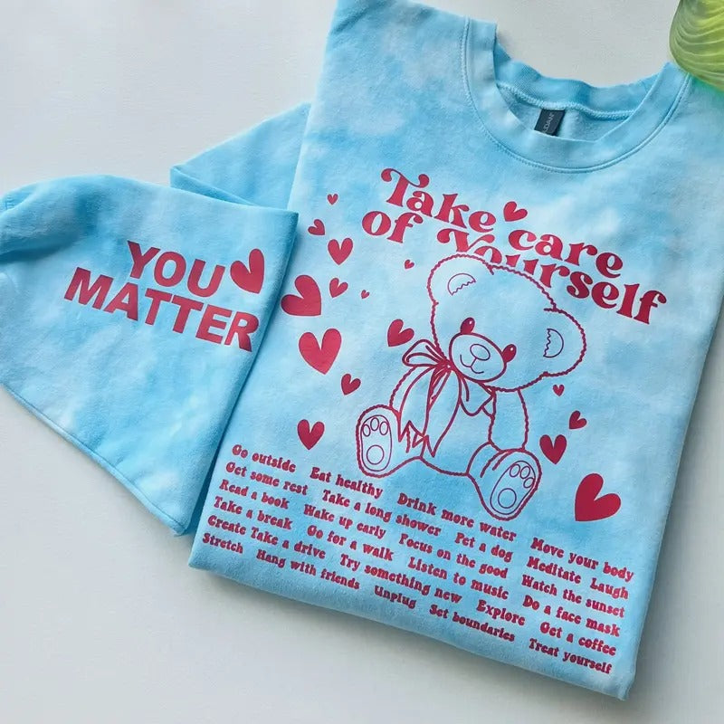 TAKE CARE BEAR LIGHT BLUE TIE DYE FIT SIZES SMALL 5X Cotton Soft Casual Shirt Hoodie Sweatshirt