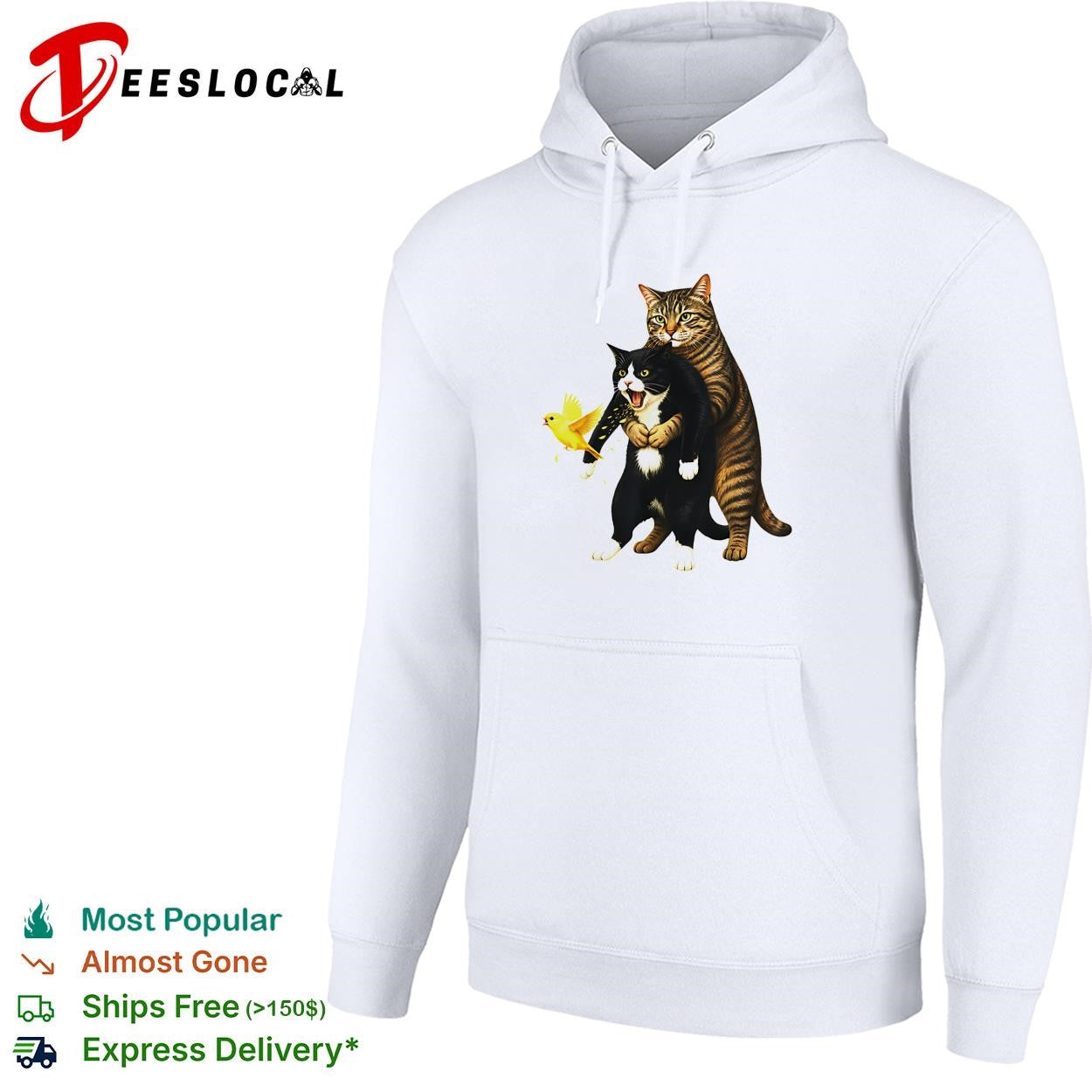 Tabby cat hugging black cat animal meme yellow bird shirt