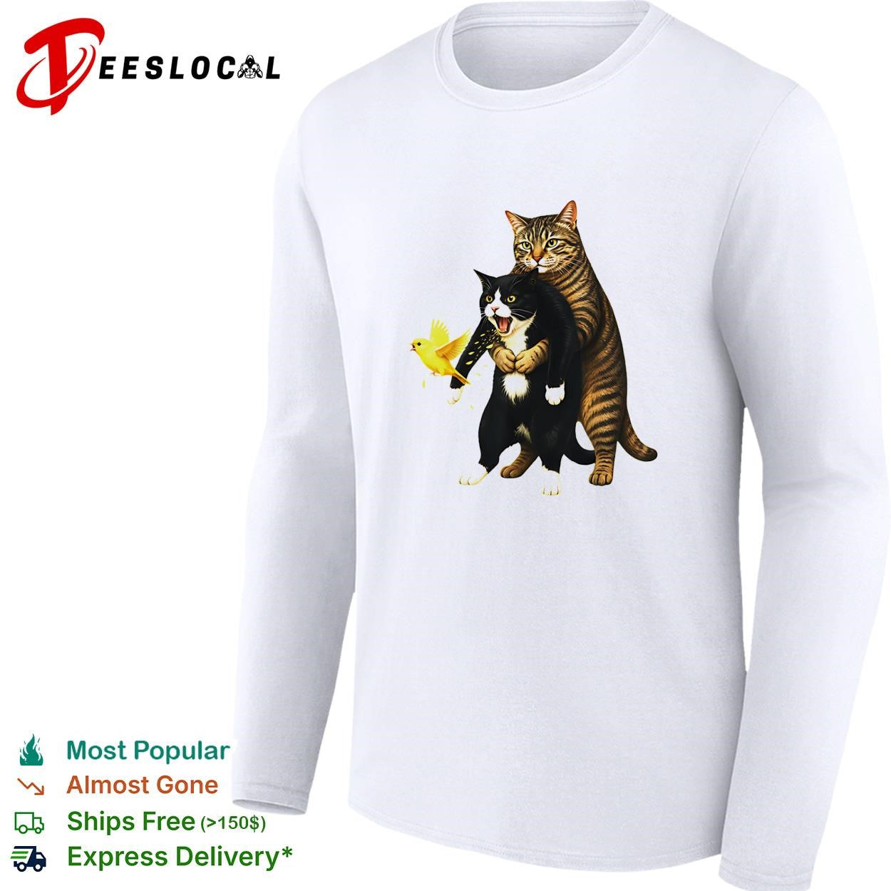 Tabby cat hugging black cat animal meme yellow bird shirt