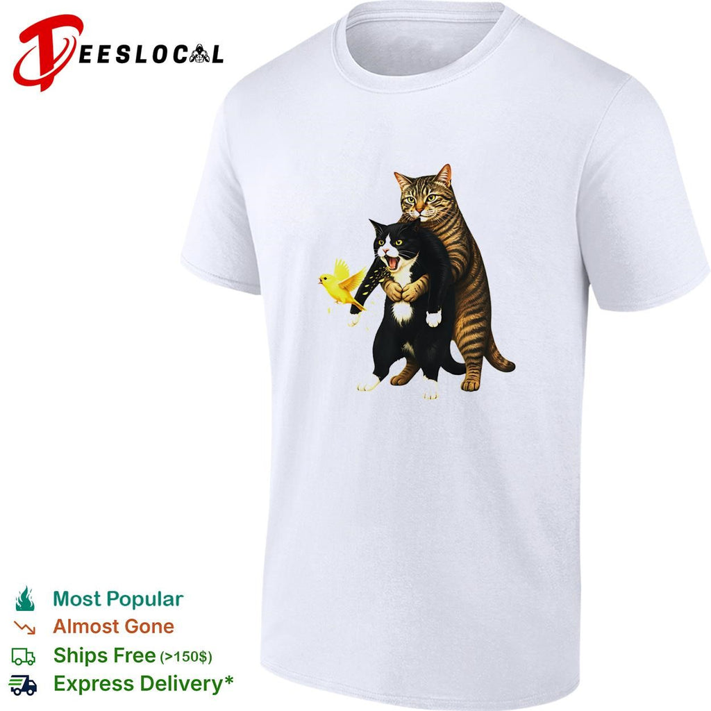 Tabby cat hugging black cat animal meme yellow bird shirt