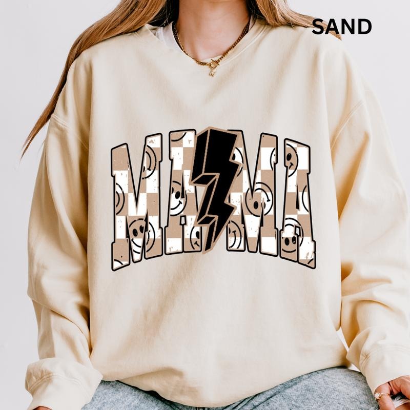 Tan Checkered Mama Sweatshirt, Mama Sweatshirt Winter Graphic Long Sleeve Casual Cotton Polyester Oversized sweatshirt