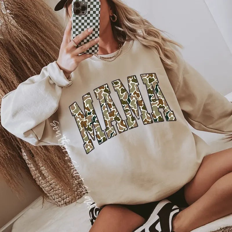 Tan Old Camo Mama Sweatshirt | Varsity Mama Camo Sweatshirt | Mama Sweatshirt Shirt Hoodie | PrintMintTees.com