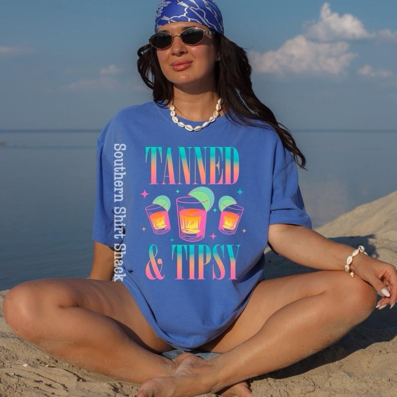 Tanned and Tipsy t shirt  | Flo blue  comfort colors t shirt Hoodie Sweatshirt | PrintMintTees.com