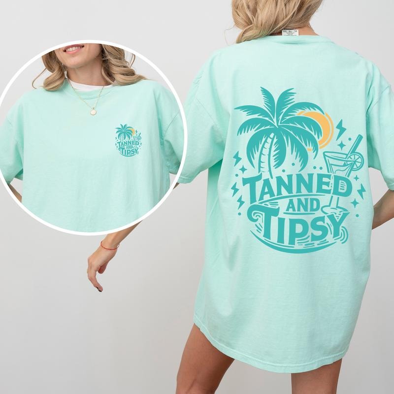 Tanned and Tipsy, Beach Fun, Drinking, Summer, Front and Back, Comfort Colors T-Shirt, Women's Comfort Colors Tee Hoodie...