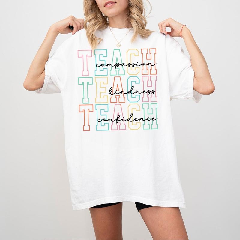 Teach Compassion Kindness Confidence Shirt, Retro Teacher Sweatshirt, Aesthetic Teacher Shirt, Cute Teacher Outfit, Back...