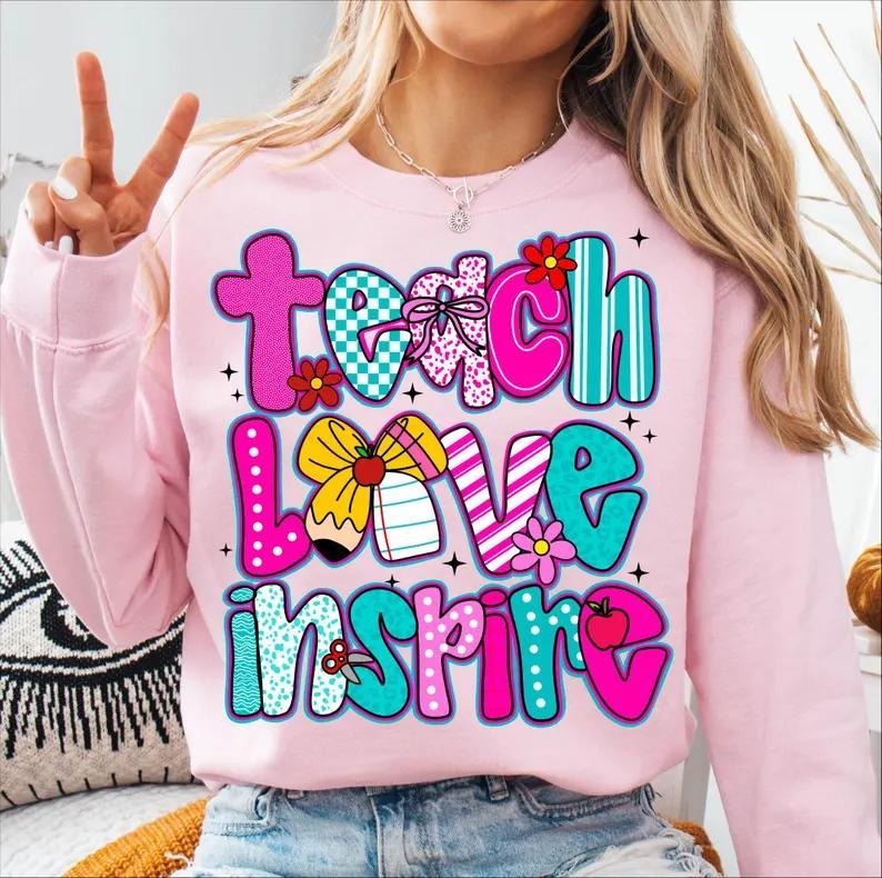 Teach Love Inspire Teacher Sweatshirt, Retro Colorful Teacher Shirt, Cute Teacher Crewneck, Back to School Teacher Outfit...