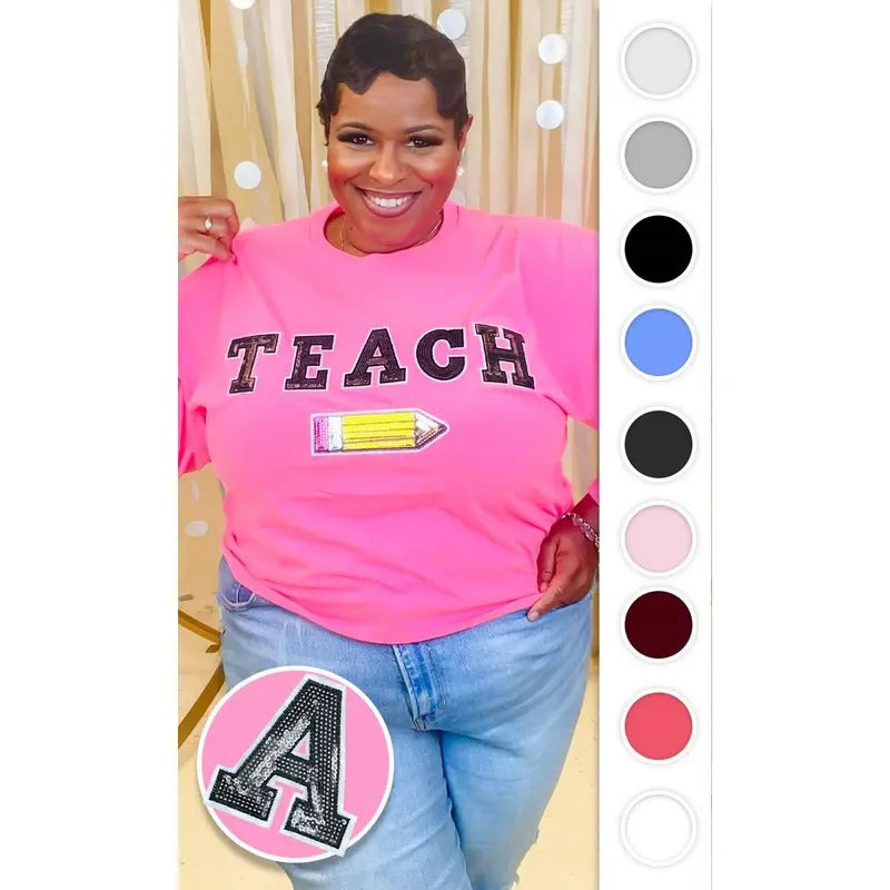 Teach Pencil Sequin Graphic Long Sleeve T-Shirt Hoodie Sweatshirt | PrintMintTees.com