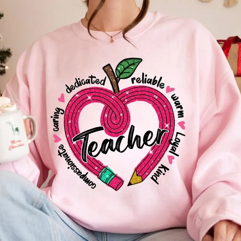 Teacher Heart Pencil Valentine's Day Sweatshirt, Retro Sparkly Faux Sequins Teacher T-Shirt, Valentine Crewneck Cotton Hoodie