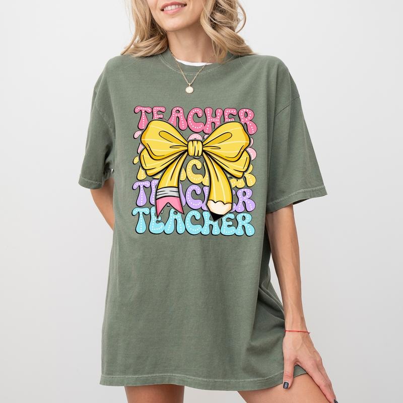 Teacher Pencil Bow Shirt Comfort Colors Pencil Coquette Bow Vintage Coquette Bow Cute Teacher Teacher Bow Shirt Back School Outfits Casual Teacher Tops Casual Womenswear Soft Cotton Fabric Fit Chic T-Shirts, Hoodie, Sweatshirt