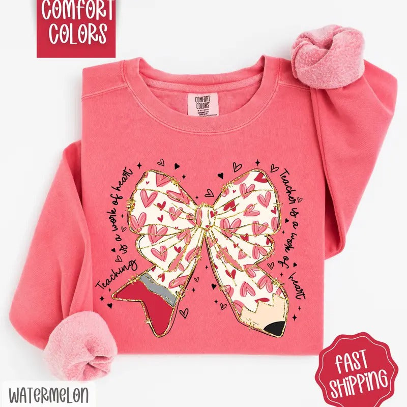 Teacher Valentine Bow Sweatshirt Comfort Colors, Teacher Valentine's Day Women's Crewneck, Cute Women's Sweater T-Shirts,...