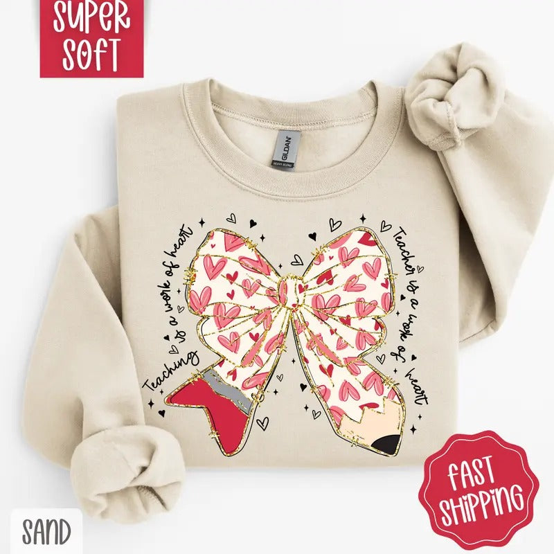 Teacher Valentine Bow Sweatshirt, Teacher Valentine's Day Crewneck, Cute Women's Sweater Shirt Hoodie | PrintMintTees.com