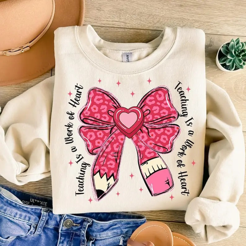 Teacher Valentine Coquette Bow Pencil Sweatshirt Valentine Teacher Heart , Retro Teacher Gift, Valentines Coquette , XOXO...
