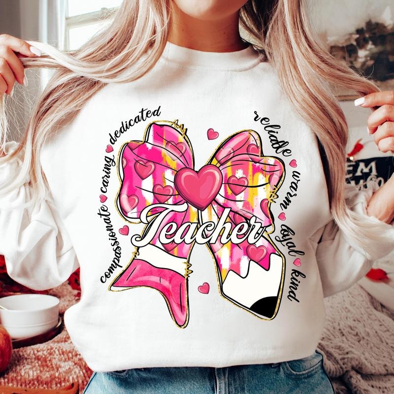 Teacher Valentine Coquette Bow Pencil Sweatshirt, Glitter Valentine Teacher Heart Sweatshirt, Retro Teacher Gift,...