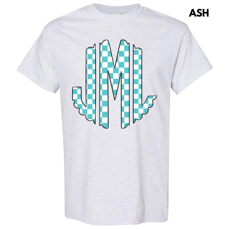 Teal Checker Monogram Gildan Short Sleeve T-Shirt 'NLB' Hoodie Sweatshirt | PrintMintTees.com