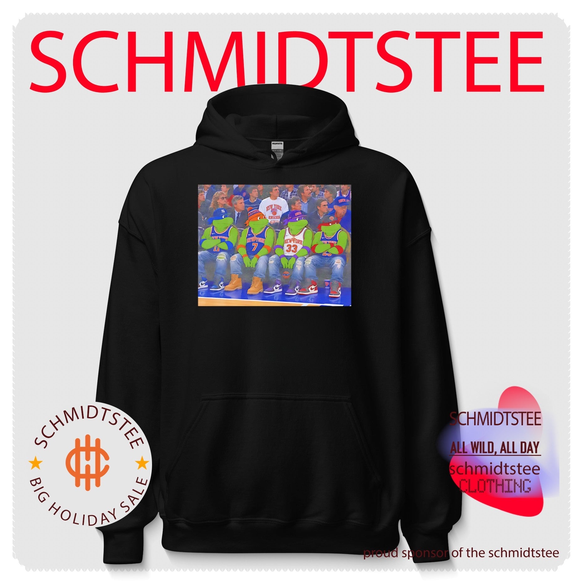 Teenage Mutant Ninja Turtles wearing New York Knicks jersey illustrated shirt