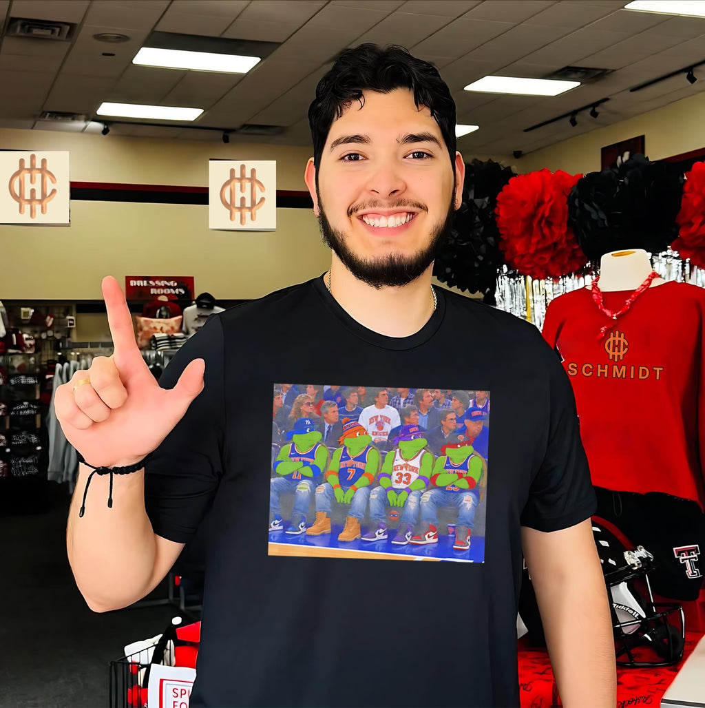 Teenage Mutant Ninja Turtles wearing New York Knicks jersey illustrated shirt