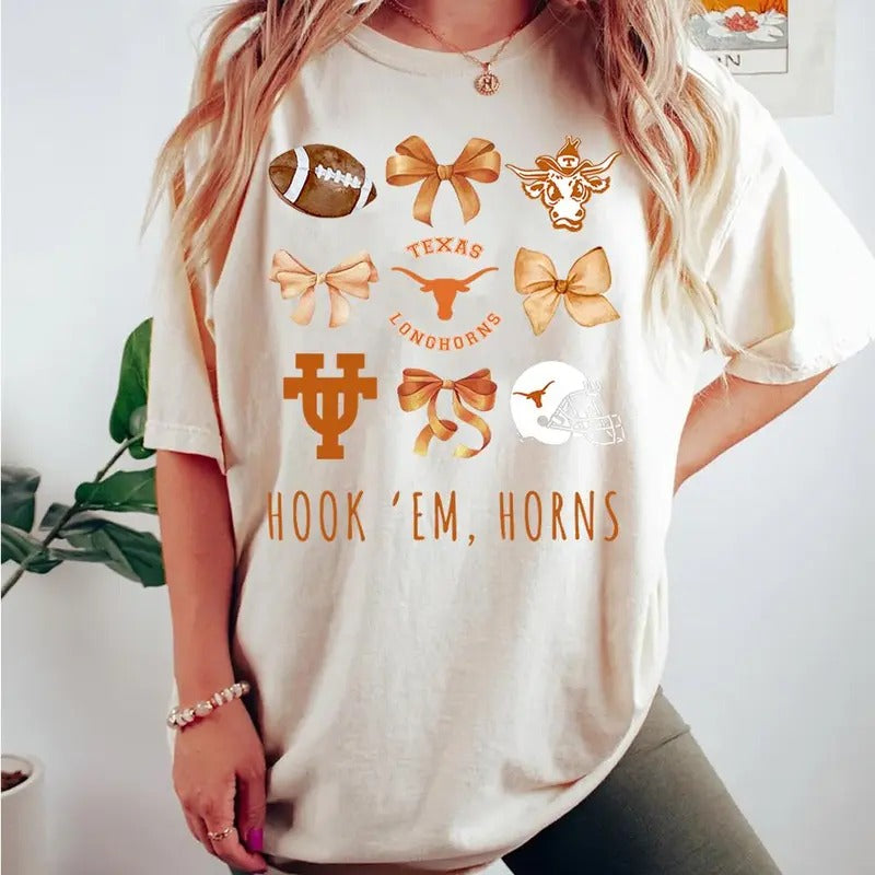 Texas Longhorns Bows Hook 'Em Shirt, Short Sleeve, Cotton, Trend 2025 for Women's Wear, Womenswear Top Hoodie Sweatshirt