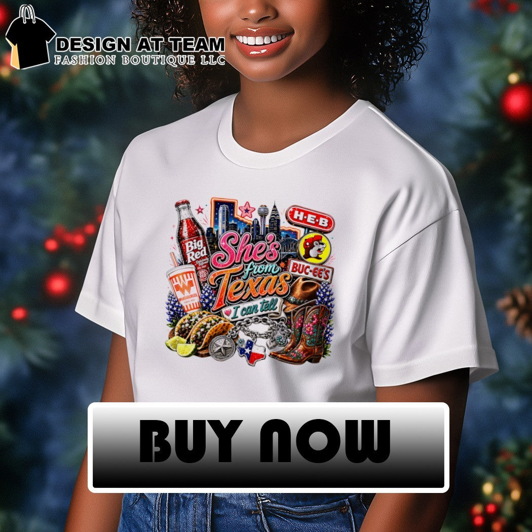 Texas icons Whataburger Big Red Buc-ee’s HEB state charm boots she’s from Texas I can tell text shirt