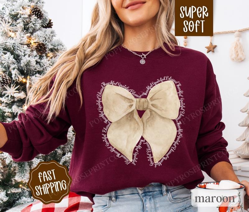 Thankful Bow Coquette Thanksgiving Fall Thankful Shirt Hoodie Sweatshirt