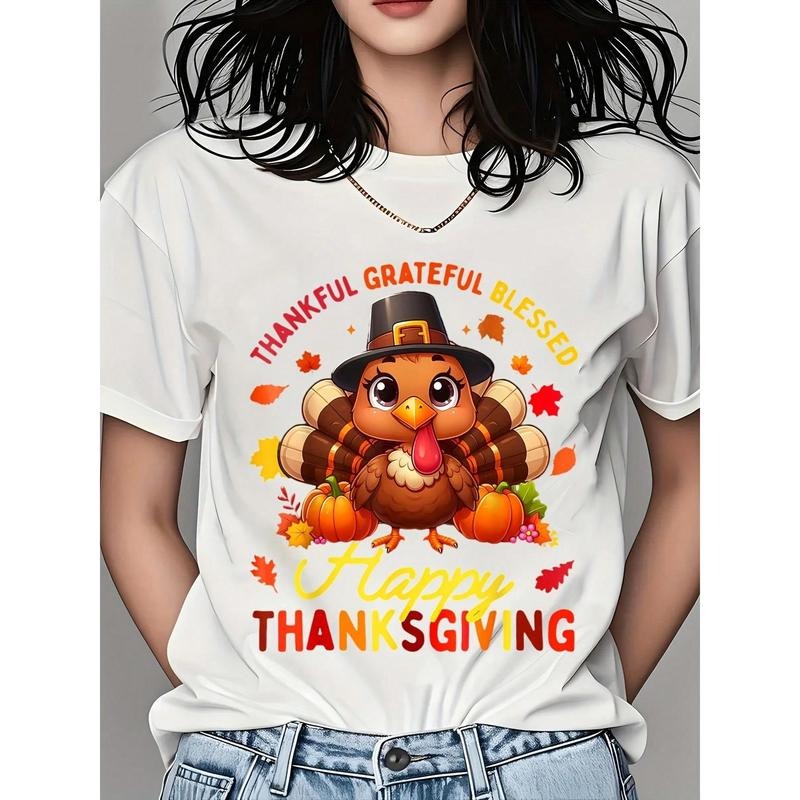 Thankful Grateful  Happy Thanksgiving Turkey T-Shirt For Women, Cute Autumn Holiday Graphic Tee With Fall Leaves And...