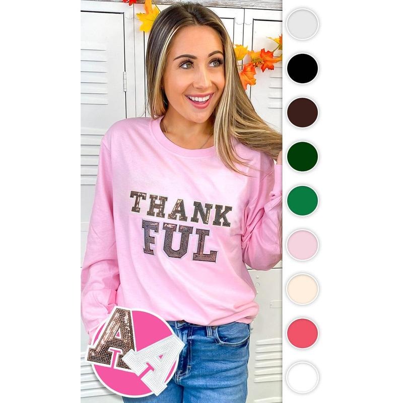 Thankful Sequin Graphic Long Sleeve T-Shirt Hoodie Sweatshirt | PrintMintTees.com