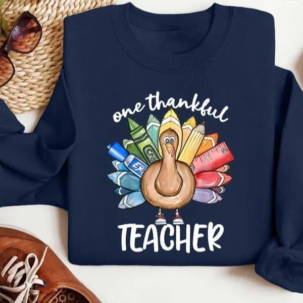 Thankful Teacher Thanksgiving Sweatshirt and T-Shirt, Funny Turkey Fall Teacher Shirt, Autumn Cozy Outfit for Women, Cute...
