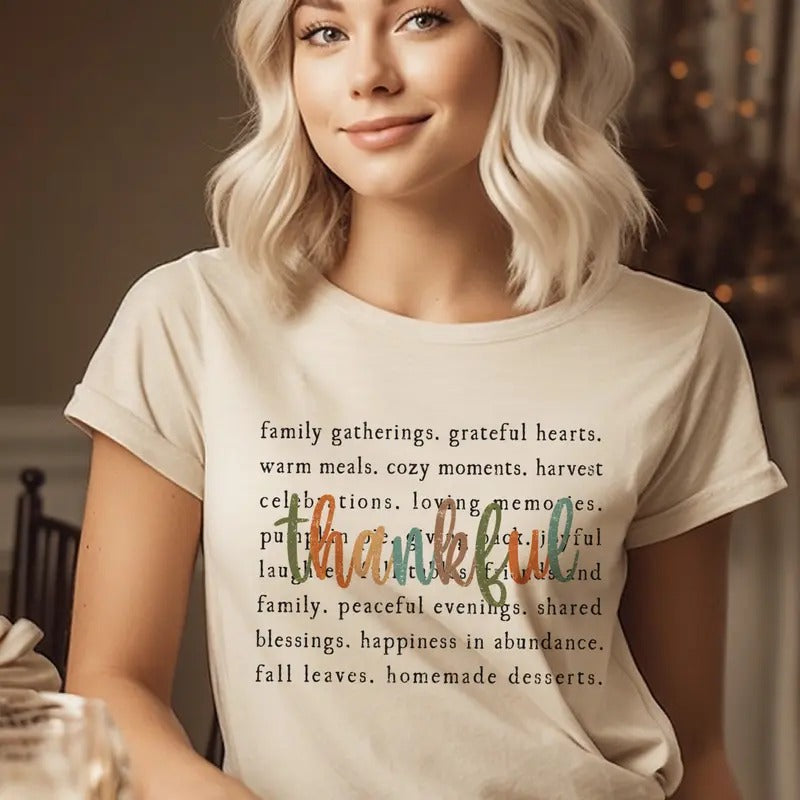 Thankful Thanksgiving Tee Multi Color Thankful Sweatshirt Autumn Thanksgiving T-Shirt Family Gathering Thanksgiving...