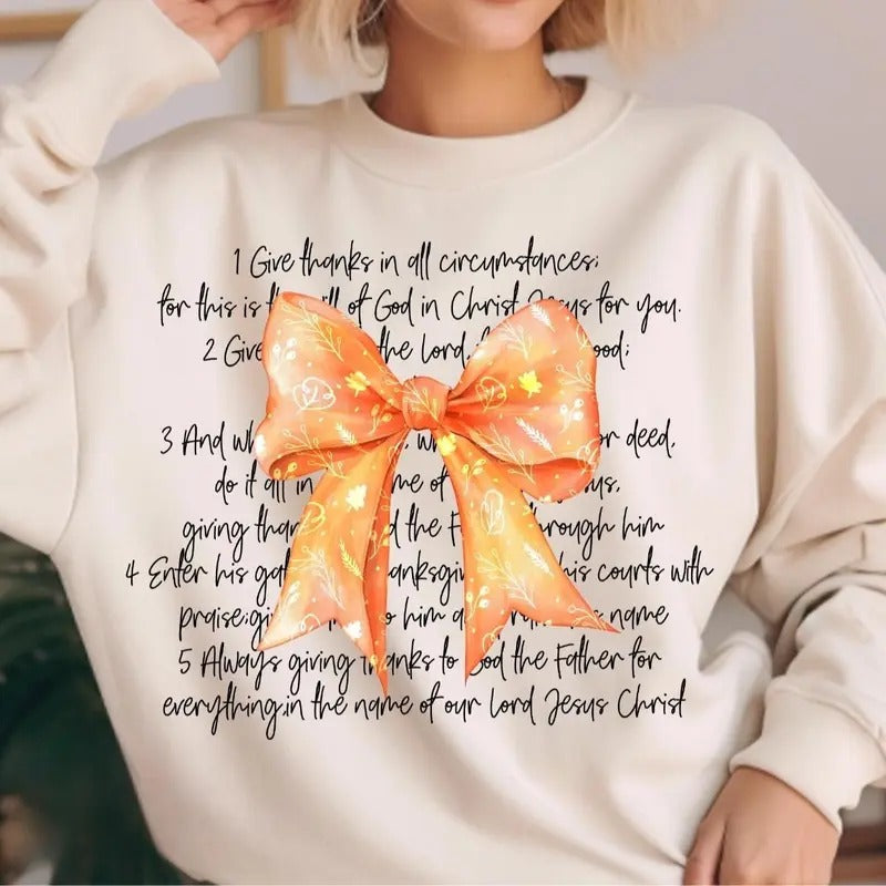 Thanksgiving Bible Verses Coquette Fall Sweatshirt, Jesus Coquette Bow Fall Vibes Shirt Hoodie | PrintMintTees.com