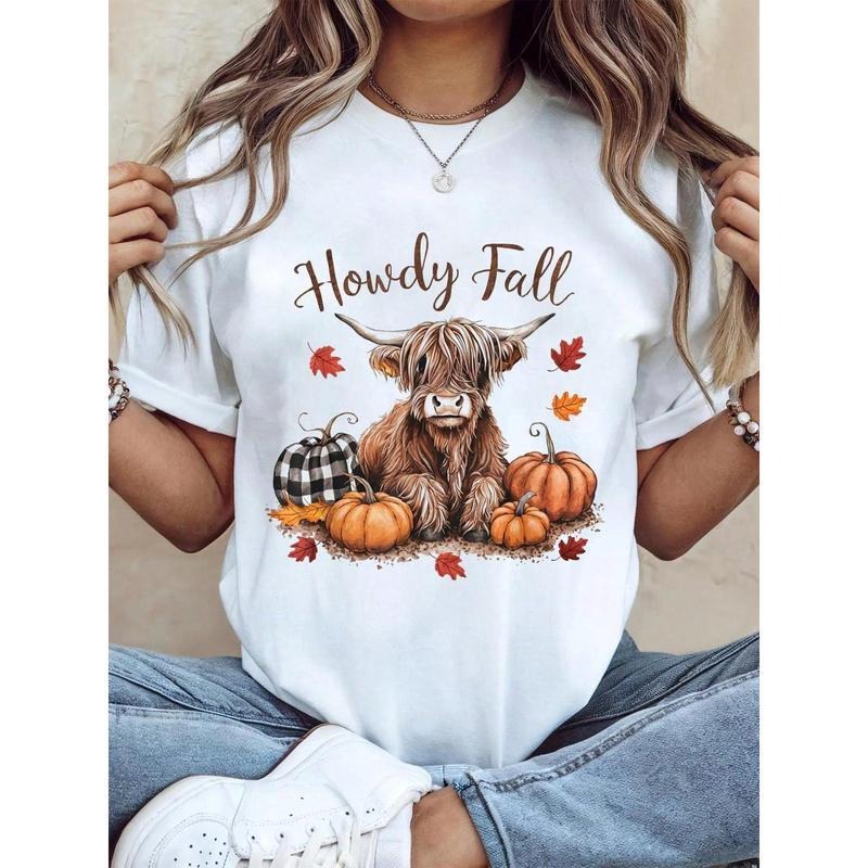Thanksgiving Graphic Women T Shirt Howdy Fall Highland Cow Happy Thanksgiving Autumn Vibes Fall T-Shirt Hoodie Sweatshirt