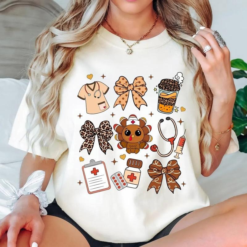 Thanksgiving Nurse Sweatshirt and T-Shirt, Leopard Nurse Shirt, Cute Turkey Nurse Top, Autumn Nurse Life Crewneck, Fall...