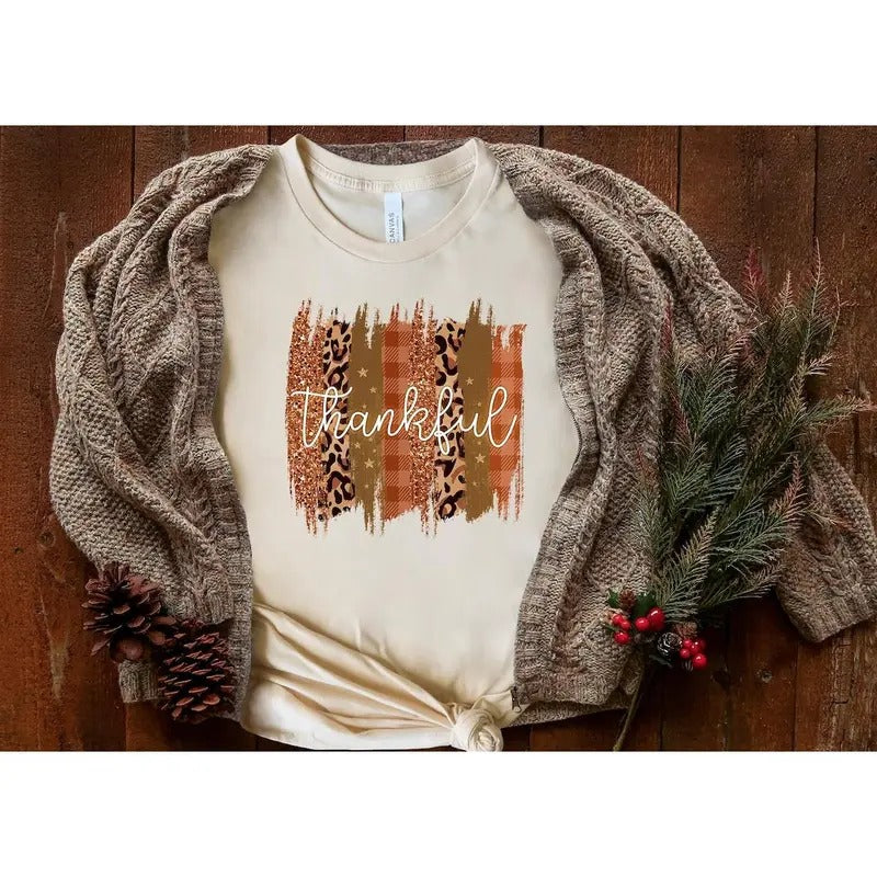 Thanksgiving Shirt, Leopard Shirt Womens Thankful Shirt, Fall shirt, Cute Fall, Thankful Blessed Cotton Polyester Hoodie...
