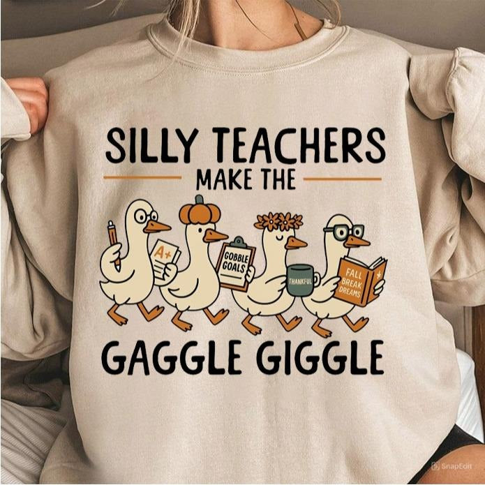Thanksgiving Silly Teacher Goose Sweatshirt, Funny Teacher Fall Crewneck, Cozy Autumn Teacher Gift Sweater, Cute...