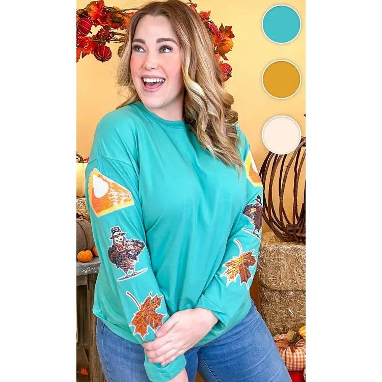 Thanksgiving Sparkle Sleeve Boyfriend Long Sleeve T-Shirt Hoodie Sweatshirt | PrintMintTees.com