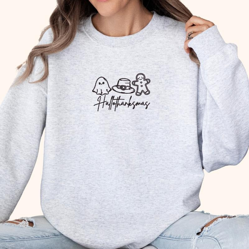 HalloThanksMas Embroidered Sweatshirt, Fall/Thanksgiving Sweater, Cute Girl Gift, Embroidery, Cute Gift Halloween EMB...