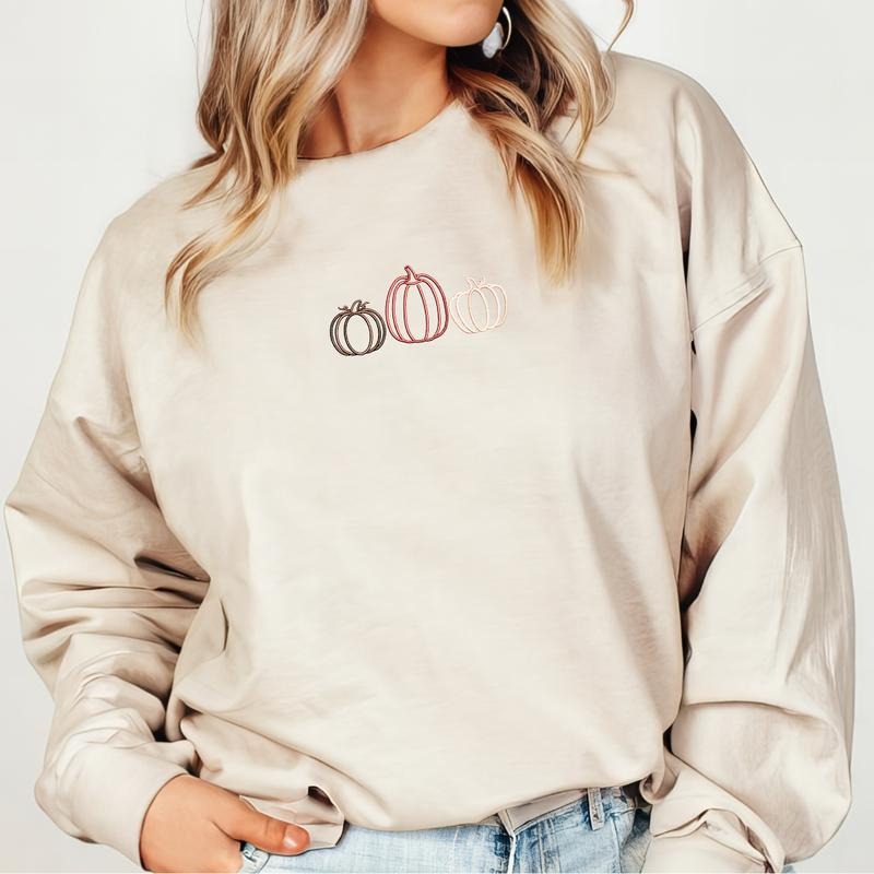 Pumpkins Embroidered Fall Thanksgiving Cute Girl Embroidery Cute Halloween EMB Shirt Hoodie Sweatshirt