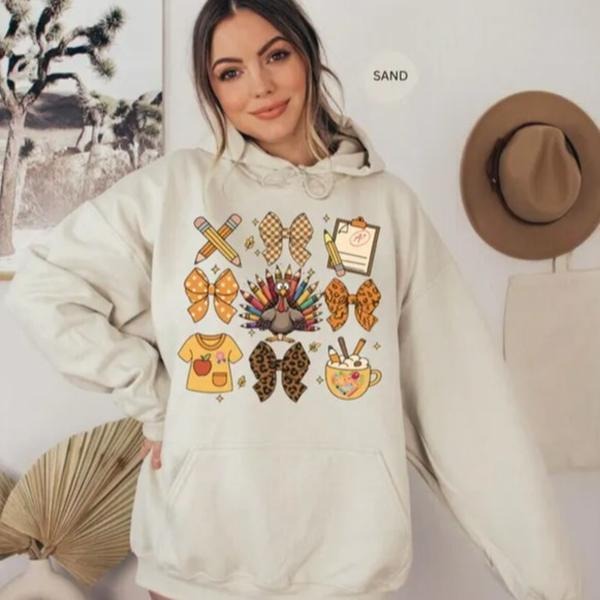 Thanksgiving Teacher Hoodie, Funny Fall Turkey Sweatshirt for Educators, Autumn School Outfit, Teacher Appreciation Gift,...