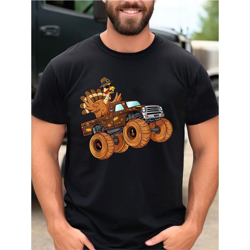 Thanksgiving Turkey Riding Monster Truck Men's Cotton Printed T-Shirt made in usa Hoodie Sweatshirt | PrintMintTees.com